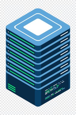 Isometric sunucusu. Ağ sunucusu. Üç boyutlu bilgisayar ekipmanı. Depo veritabanı. Isometric teknolojisi. Vektör illüstrasyonu