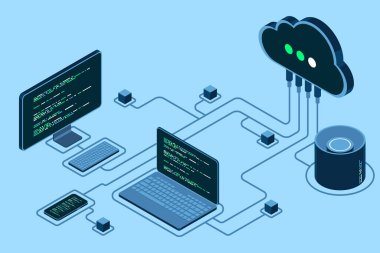 Bulut teknolojisi bilgisayar konsepti. Modern bulut teknolojisi. Veri merkezi izometrik konsepti. Veri merkezli Isometric bulut teknolojisi. Web sunucu konsepti. Isome teknolojisi