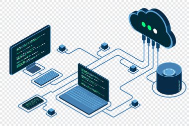 Bulut teknolojisi bilgisayar konsepti. Modern bulut teknolojisi. Veri merkezi izometrik konsepti. Veri merkezli Isometric bulut teknolojisi. Web sunucu konsepti. Isome teknolojisi