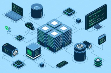 Bilgisayar teknolojisi izometrik illüstrasyon. Büyük veri merkezinin hesaplanması. Bulut hesaplama. Çevrimiçi aygıtlar bilgiyi yükler ve indirir. Isome teknolojisi