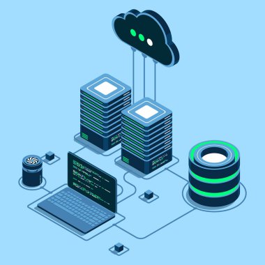 Bulut teknolojisi bilgisayar konsepti. Modern bulut teknolojisi. Veri merkezi izometrik konsepti. Veri merkezli Isometric bulut teknolojisi. Web sunucu konsepti. Isome teknolojisi
