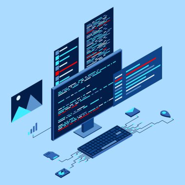 Bilgisayar teknolojisi izometrik illüstrasyon. Masaüstü bilgisayar platformları. Yazılım programlama kodlama kavramı. Bilgisayar monitörüyle kod. Isome teknolojisi