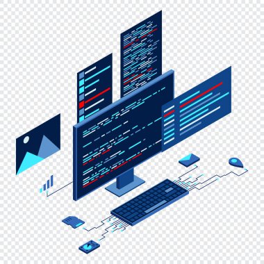 Bilgisayar teknolojisi izometrik illüstrasyon. Masaüstü bilgisayar platformları. Yazılım programlama kodlama kavramı. Bilgisayar monitörüyle kod. Isome teknolojisi
