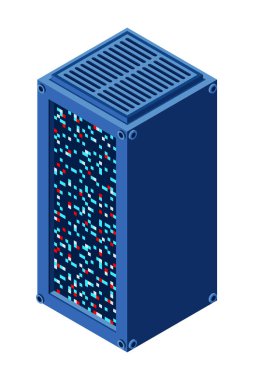 Isometric sunucusu. Ağ sunucu odası. Üç boyutlu bilgisayar ekipmanı. Depo veritabanı. Isome teknolojisi