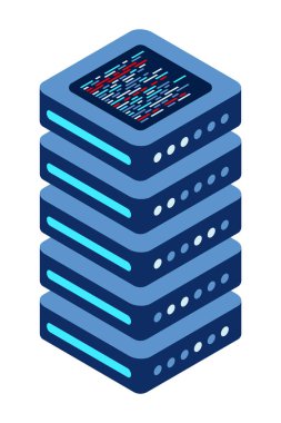 Isometric sunucusu. Ağ sunucu odası. Üç boyutlu bilgisayar ekipmanı. Depo veritabanı. Isome teknolojisi