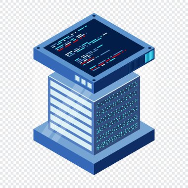 İzometrik fütürist sunucu. İzometrik veritabanı veya veri merkezi. Soyut engelleme zinciri. Bilgisayar deposu. Bulut deposu. Isome teknolojisi