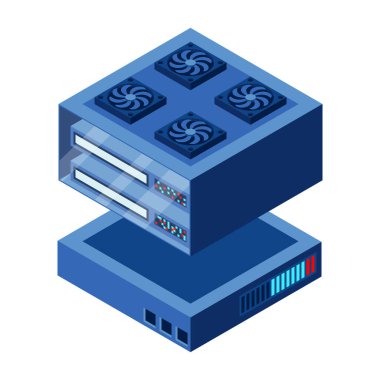 İzometrik fütürist sunucu. İzometrik veritabanı veya veri merkezi. Soyut engelleme zinciri. Bilgisayar deposu. Bulut deposu. Isome teknolojisi