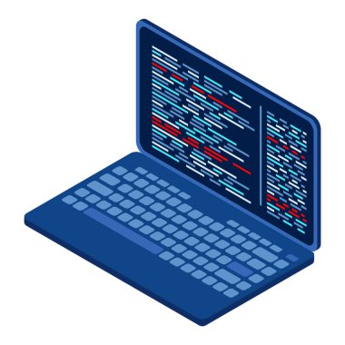 Isome dizüstü bilgisayarı. 3D izometrik dizüstü bilgisayar. Bir dizüstü ekranda soyut programlama dili ve program kodu. Isome teknolojisi