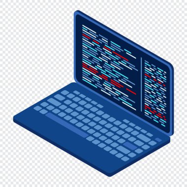 Isome dizüstü bilgisayarı. 3D izometrik dizüstü bilgisayar. Bir dizüstü ekranda soyut programlama dili ve program kodu. Isome teknolojisi