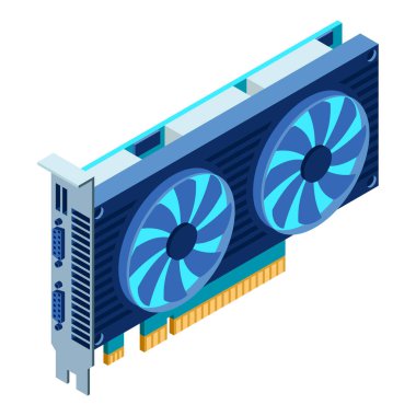 3D izometrik video kartı. Cihaz grafik kartı. Kişisel bilgisayar donanımı bileşeni. Isome teknolojisi