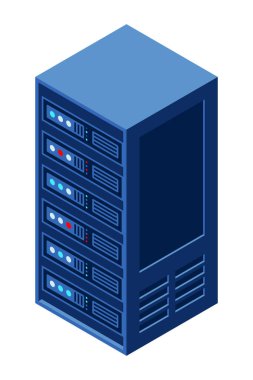 Isometric sunucu ekipmanları izole edilmiş arkaplan. Düz izometrik 3d çizim bulut sunucusu. Veri tabanı deposu. Isome teknolojisi