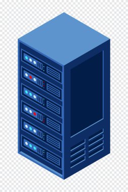 Isometric sunucu ekipmanları izole edilmiş arkaplan. Düz izometrik 3d çizim bulut sunucusu. Veri tabanı deposu. Isome teknolojisi