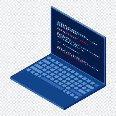 Isome dizüstü bilgisayarı. 3D izometrik dizüstü bilgisayar. Bir dizüstü ekranda soyut programlama dili ve program kodu. Isome teknolojisi