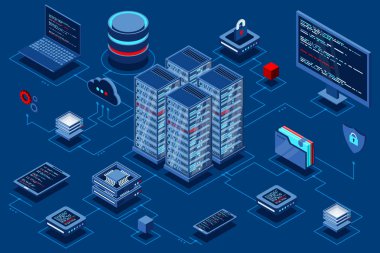 Büyük veri merkezinin hesaplanması. Bulut hesaplama. Çevrimiçi aygıtlar bilgiyi yükler ve indirir. Isome teknolojisi
