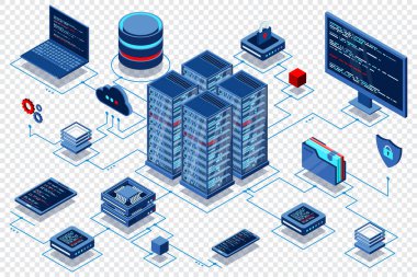 Büyük veri merkezinin hesaplanması. Bulut hesaplama. Çevrimiçi aygıtlar bilgiyi yükler ve indirir. Isome teknolojisi