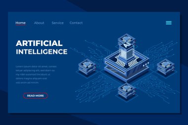 Yapay zeka izometrik iniş sayfası. Yapay zeka teknolojisi. Yapay zeka çipi. Makine öğrenme teknolojisi kavramı. Isome teknolojisi