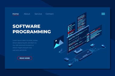 Yazılım programlama izometrik iniş sayfası. Bilgisayar ekranında dil arayüzü programlanıyor. Programcı kodlaması. Isome teknolojisi
