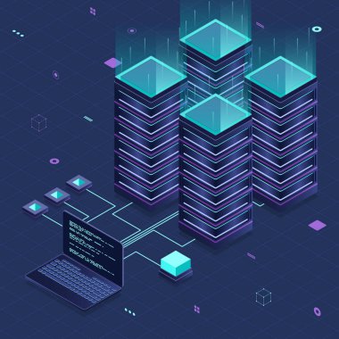 Veritabanı sunucuları. Sunucu odası veri merkezi. Sunucu izometrik. Isometric teknolojisi. Vektör izometrik illüstrasyon