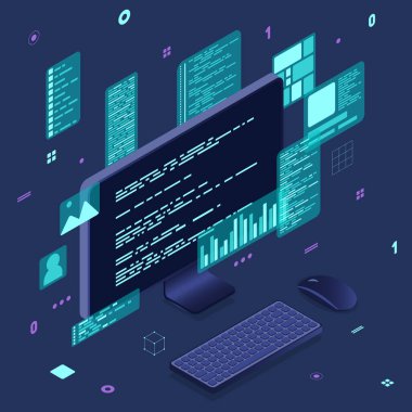 Bilgisayar teknolojisi izometrik illüstrasyon. Masaüstü bilgisayar platformları. Yazılım programlama kodlama kavramı. Bilgisayar monitörüyle kod. Isome teknolojisi