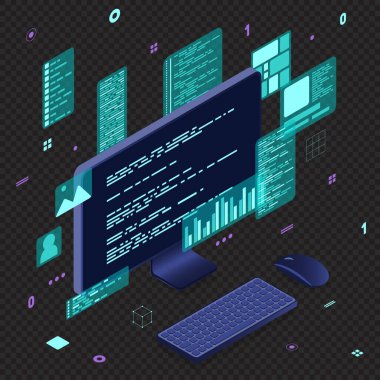 Bilgisayar teknolojisi izometrik illüstrasyon. Masaüstü bilgisayar platformları. Yazılım programlama kodlama kavramı. Bilgisayar monitörüyle kod. Isome teknolojisi