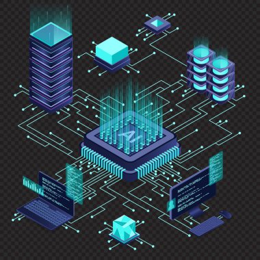 İzometrik yapay zeka çipi konsepti. Yapay Zeka sunucusu. Fütürist mikroçip işlemcisi. İzometrik bulut hesaplaması. Isome teknolojisi