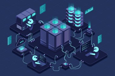 Isometric veri merkezi ya da sunucu odası. Veri merkezi bağlantı ağı. Bulut deposu. Isometric yüksek teknoloji konsepti. Isome teknolojisi