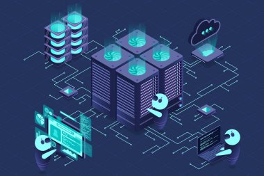 Veri merkezi ve web sunucusu izometrik konsept. Bulut bilgisayar deposu. Isometric sunucu odası rafı. Isome teknolojisi