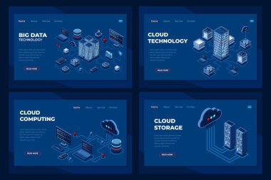 İzometrik iniş sayfası şablonu. Bulut hesaplama ve büyük veri teknolojisi için modern teknoloji kavramı. Isome teknolojisi