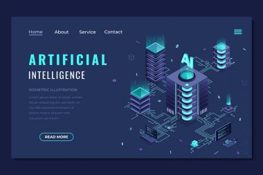 İzometrik yapay zeka iniş sayfası. Makine öğrenme teknolojisi. Dijital teknoloji web sitesi iniş sayfası. Isome teknolojisi