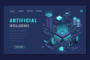 İzometrik yapay zeka iniş sayfası. Makine öğrenme teknolojisi. Dijital teknoloji web sitesi iniş sayfası. Isome teknolojisi