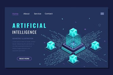 İzometrik yapay zeka iniş sayfası. Makine öğrenme teknolojisi. Dijital teknoloji web sitesi iniş sayfası. Isome teknolojisi