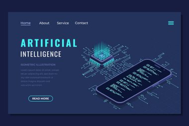 İzometrik yapay zeka iniş sayfası. Makine öğrenme teknolojisi. Dijital teknoloji web sitesi iniş sayfası. Isome teknolojisi