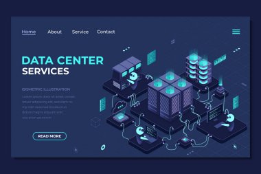 Isometric veri merkezi iniş sayfası. Ağ, veri tabanı, bulut depolama. Dijital teknoloji web sitesi iniş sayfası. Isome teknolojisi