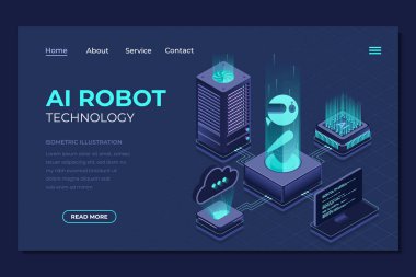 İzometrik yapay zeka robot iniş sayfası. Makine öğrenme teknolojisi. Dijital teknoloji web sitesi iniş sayfası. Isome teknolojisi