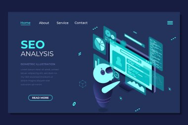 Isometric seo analiz iniş sayfası. Arama motoru optimizasyon analizi konsepti. Dijital teknoloji web sitesi iniş sayfası. Isome teknolojisi
