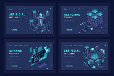 İzometrik iniş sayfası şablonu. Web sunuculuğu, yazılım geliştirme ve yapay zeka için modern teknoloji konsepti. Isome teknolojisi