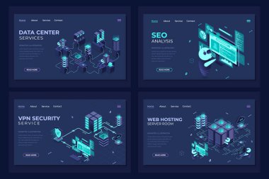 İzometrik iniş sayfası şablonu. Veri merkezi, web sunucusu, VPN güvenlik ve seo analiz için modern teknoloji konsepti. Isome teknolojisi