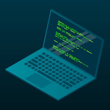 Isome dizüstü bilgisayarı. 3D izometrik dizüstü bilgisayar. Bir dizüstü ekranda soyut programlama dili ve program kodu. Isome teknolojisi
