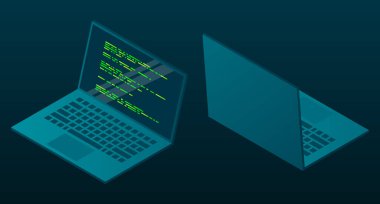 Isome dizüstü bilgisayarı. 3D izometrik dizüstü bilgisayar. Bir dizüstü ekranda soyut programlama dili ve program kodu. Isome teknolojisi