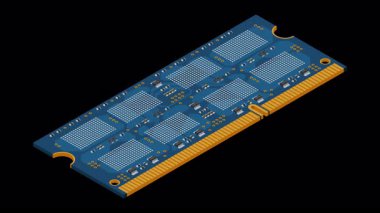 Isometric rastgele erişim hafıza animasyonu. RAM bellek gerçekçi 3D izometrik. Bilgisayar donanımı bileşenleri. Alfa kanalı ile şeffaf arkaplan