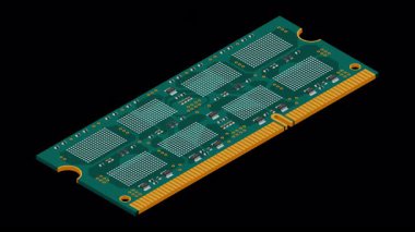 Isometric rastgele erişim hafıza animasyonu. RAM bellek gerçekçi 3D izometrik. Bilgisayar donanımı bileşenleri. Alfa kanalı ile şeffaf arkaplan