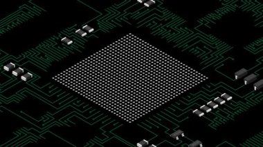 Amerikan bayrağıyla Isometric elektronik tahta animasyonu. Elektronik bileşenli Isometric baskı devre kartı. Bütünleşik devre kartı. Alfa kanalı ile şeffaf arkaplan