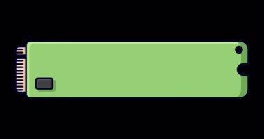 Sağlam bir eyalet animasyonu. SSD depolama animasyonu sür. SSD M.2 illüstrasyonu. Bilgisayar donanımı bileşenleri. Düz çizgi film tarzı. Alfa kanalı ile şeffaf arkaplan