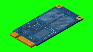 Isometric katı eyalet animasyonu. SSS depolama illüstrasyonunu kullan. SSD M2 animasyonu. Bilgisayar donanımı bileşenleri. 4K canlandırması