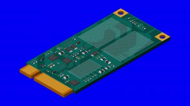 Isometric katı eyalet animasyonu. SSS depolama illüstrasyonunu kullan. SSD M2 animasyonu. Bilgisayar donanımı bileşenleri. 4K canlandırması