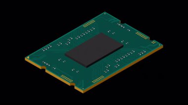 Isometric işlemci animasyonu. Merkezi işlem birimi ya da işlemci. Bilgisayar donanımı bileşenleri. Yarı iletken teknoloji konsepti. Alfa kanalı ile şeffaf arkaplan