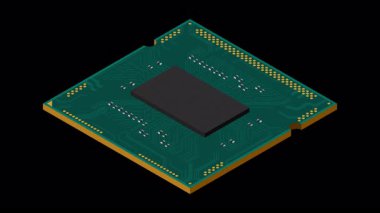 Isometric işlemci animasyonu. Merkezi işlem birimi ya da işlemci. Bilgisayar donanımı bileşenleri. Yarı iletken teknoloji konsepti. Alfa kanalı ile şeffaf arkaplan