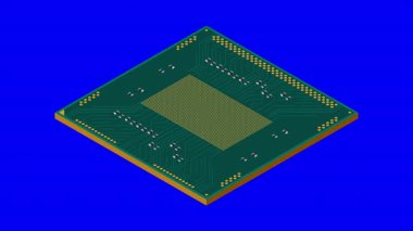 Isometric işlemci animasyonu. Merkezi işlem birimi ya da işlemci. Bilgisayar donanımı bileşenleri. Yarı iletken teknoloji konsepti. 4K canlandırması