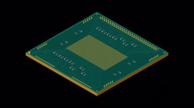 Isometric işlemci animasyonu. Merkezi işlem birimi ya da işlemci. Bilgisayar donanımı bileşenleri. Yarı iletken teknoloji konsepti. Alfa kanalı ile şeffaf arkaplan