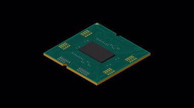 Isometric işlemci animasyonu. Merkezi işlem birimi ya da işlemci. Bilgisayar donanımı bileşenleri. Yarı iletken teknoloji konsepti. Alfa kanalı ile şeffaf arkaplan